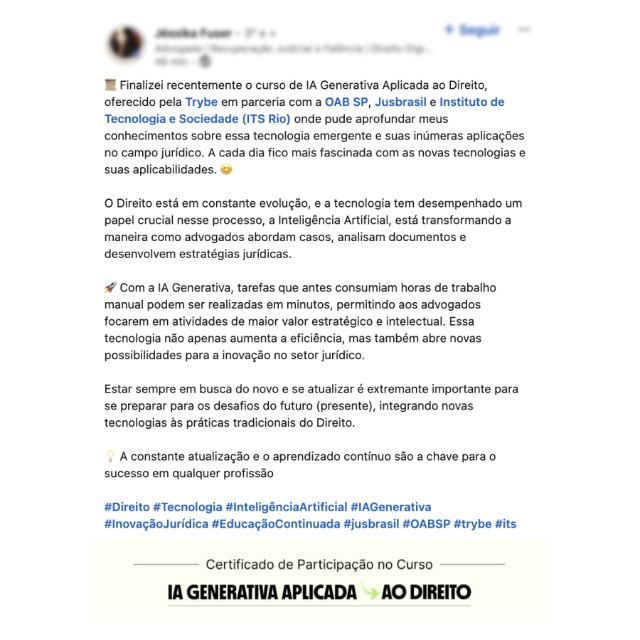 Depoimento de advogada de recuperação judicial: aprofundou conhecimentos sobre IA e suas aplicações no campo jurídico
