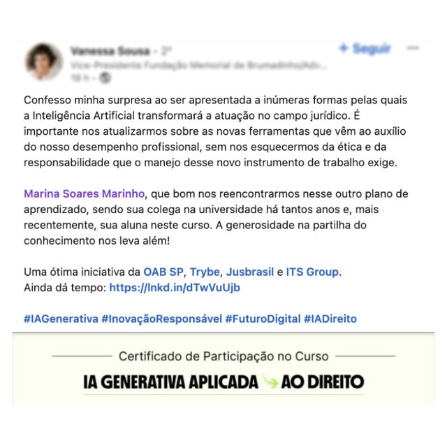 Depoimento de Vanessa Sousa, advogada: surpresa com as inúmeras formas pelas quais a IA transformará a atuação no campo jurídico