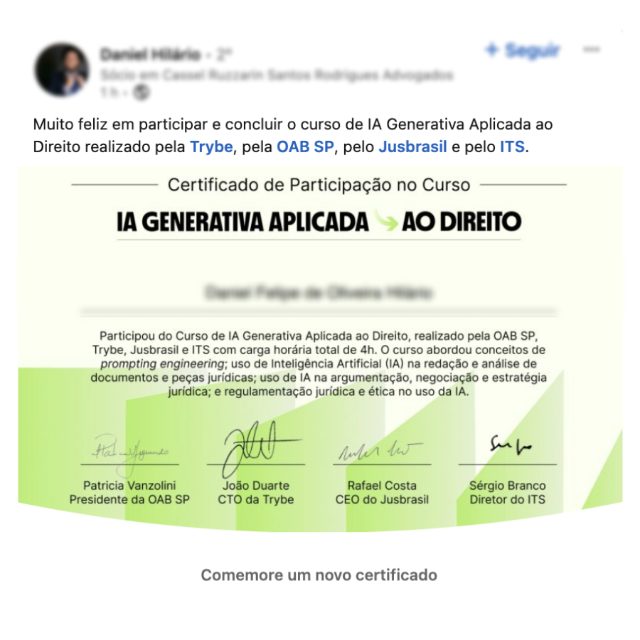 Depoimento de Daniel Hilário, sócio de escritório, com certificado de conclusão do curso